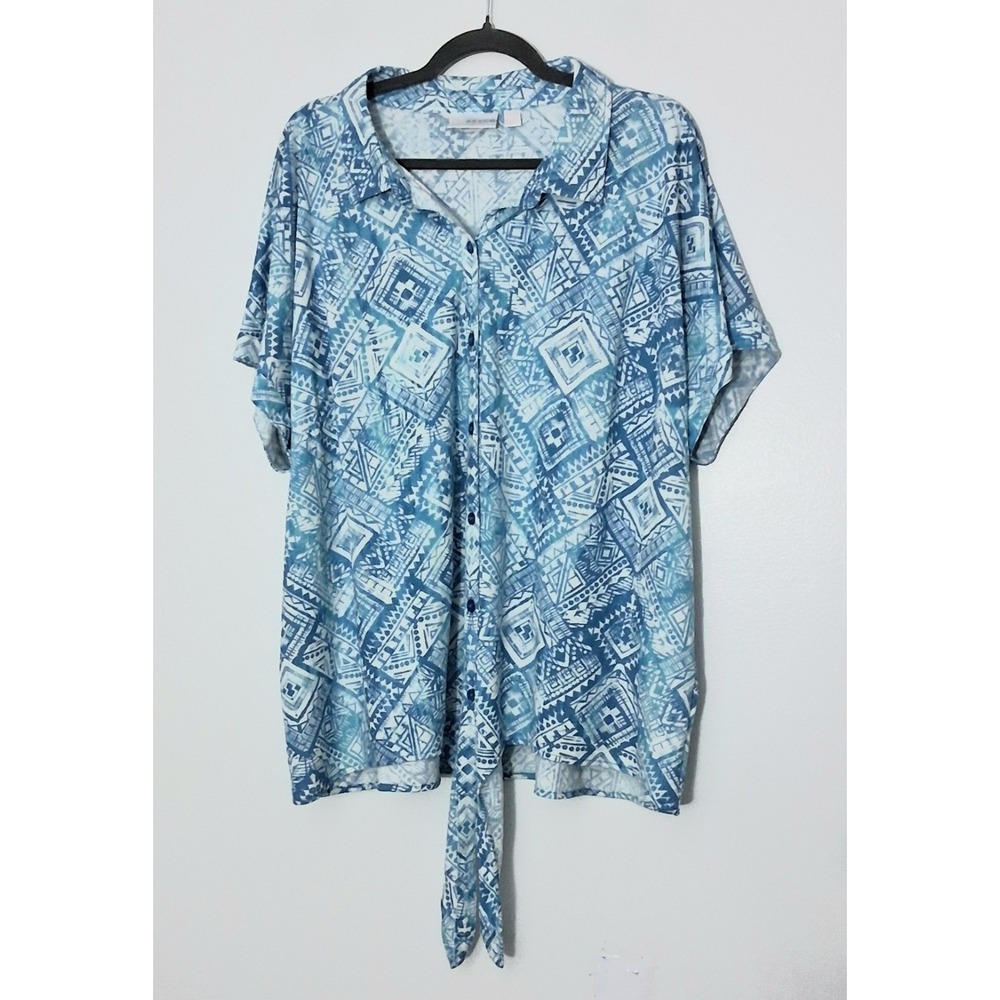 Belle Beach by Kim Gravel Shirt Womens Size 2X Blue Cabana Knit Tahiti Tile Camp